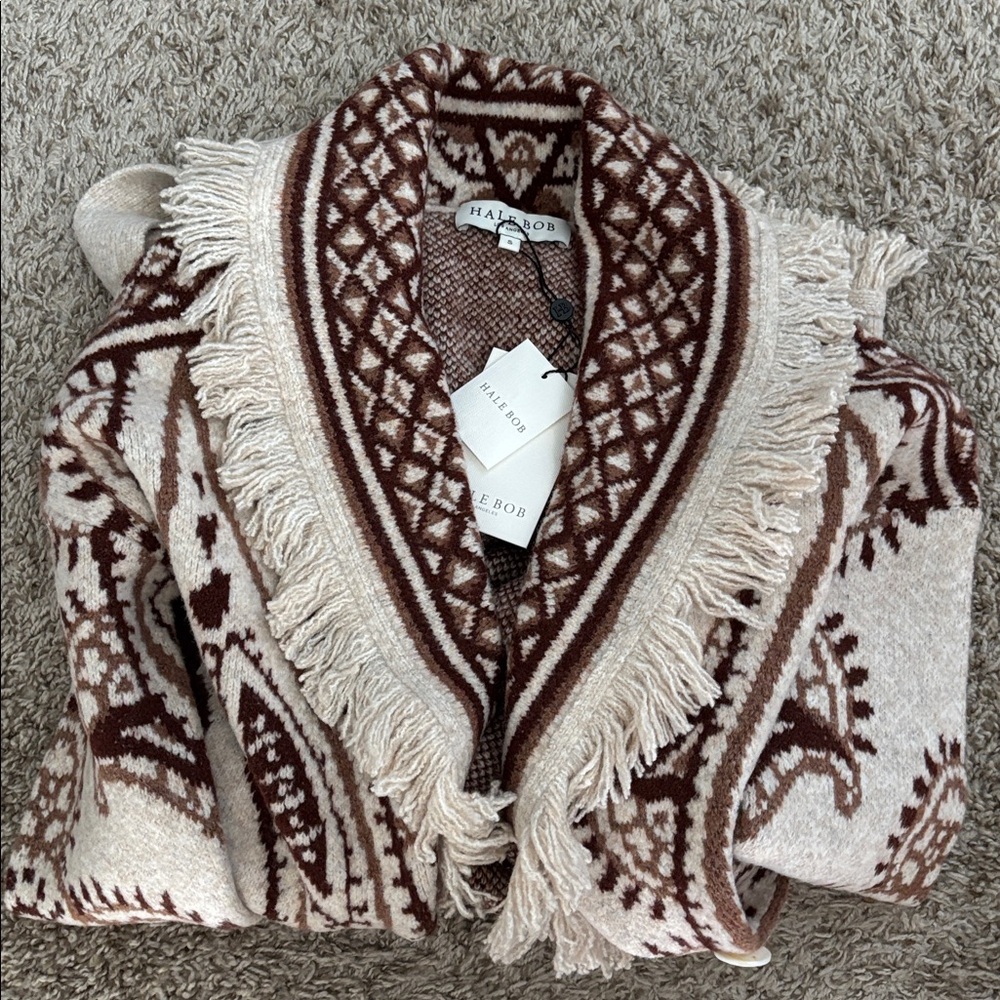 Hale Bob Beige and Brown Patterned Knit Cardigan